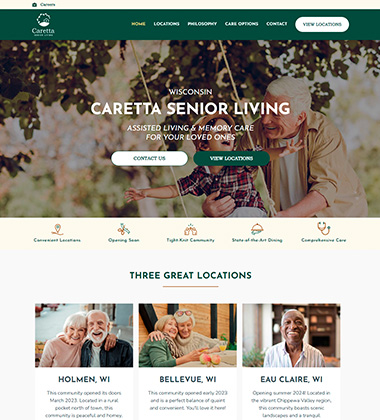 Hero banner for Wisconsin Caretta Senior Living showing an elderly man and caregiver outdoors with a child; headline 'Wisconsin Caretta Senior Living' and subtext about assisted living and memory care; action buttons 'Contact Us' and 'View Locations'.