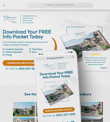 Real estate marketing hero: 'Download Your FREE Info Packet Today' with brochure, tablet and phone mockups showing the packet.