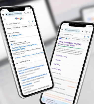 Two smartphones angled on a desk show Google search results for 'senior living Saint Paul MN' with blue links and local business snippets visible in the screens.