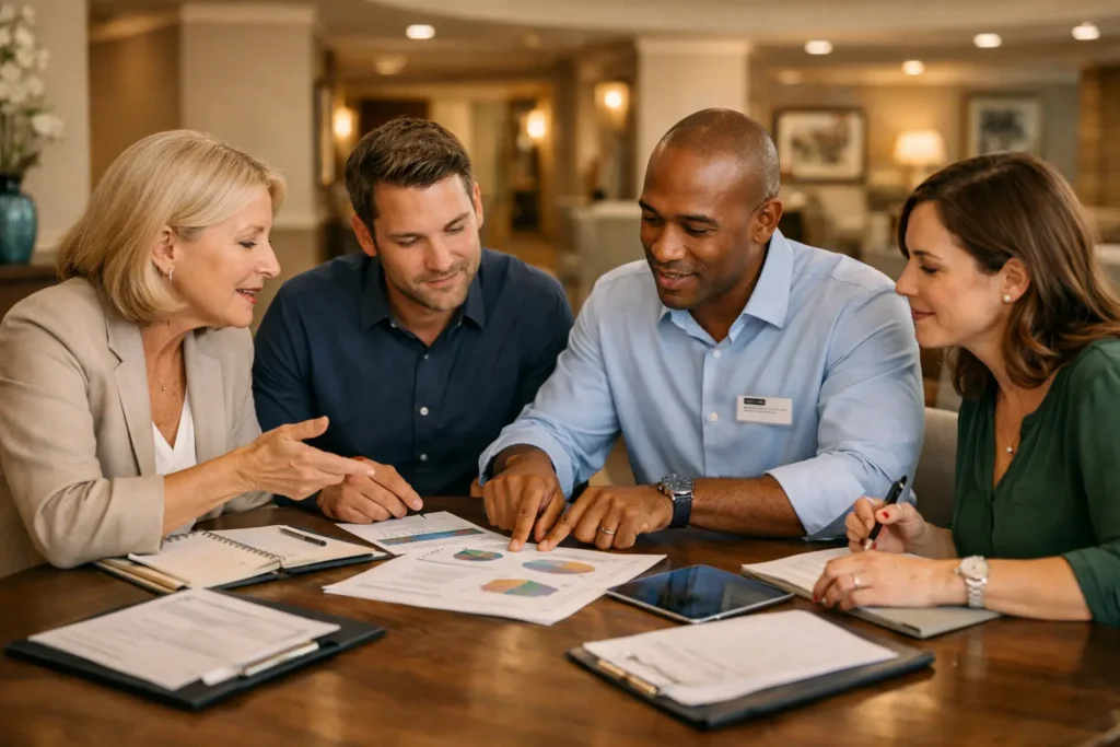 Four professionals sit around a table, reviewing charts and documents during a business meeting in a lounge-like setting.