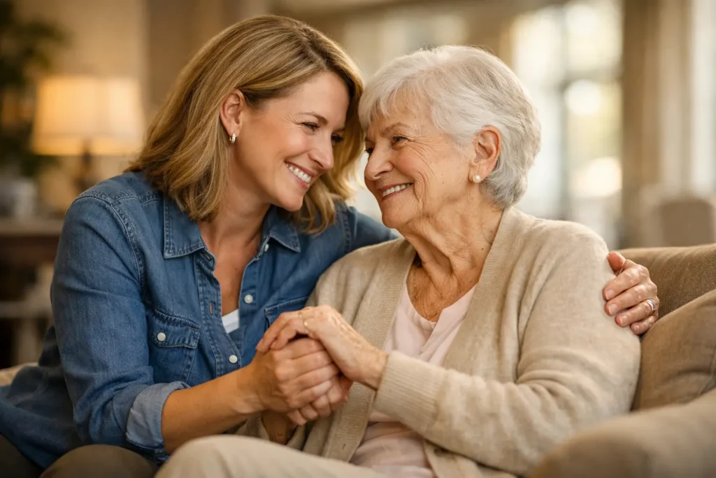Two generations sit close on a sofa, smiling and holding hands at home.