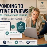 Banner showing two professionals at a laptop with text about responding to negative reviews in assisted living and senior housing; emphasizes compliance and best practices.