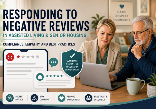 Banner showing two professionals at a laptop with text about responding to negative reviews in assisted living and senior housing; emphasizes compliance and best practices.