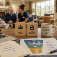 Table setup in a welcoming lounge: laptop, two wooden blocks ('More Qualified Leads'; 'More Successful Move-ins'), mug reading 'Stronger Strategies Brighter Futures', and a plant, with people talking in the background.