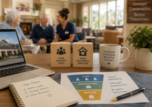 Table setup in a welcoming lounge: laptop, two wooden blocks ('More Qualified Leads'; 'More Successful Move-ins'), mug reading 'Stronger Strategies Brighter Futures', and a plant, with people talking in the background.