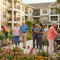 Residents of a senior living community socialize in a sunny courtyard with volunteers and staff nearby, some shaking hands and chatting near tables and flowers, dogs present.
