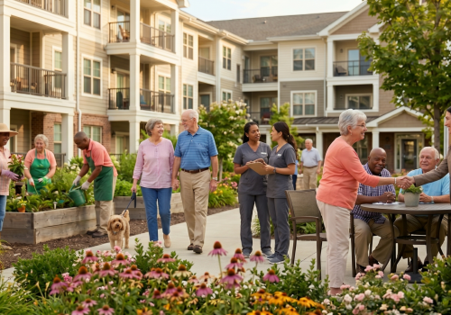 Residents of a senior living community socialize in a sunny courtyard with volunteers and staff nearby, some shaking hands and chatting near tables and flowers, dogs present.
