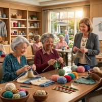 Group of senior women knitting together around a table in a cozy community craft room with wooden shelves and yarns.