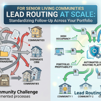 Infographic showing chaotic manual multi‑community lead routing with wires, folders, and inboxes labeled for challenges and communities 1–3.