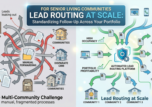 Infographic showing chaotic manual multi‑community lead routing with wires, folders, and inboxes labeled for challenges and communities 1–3.